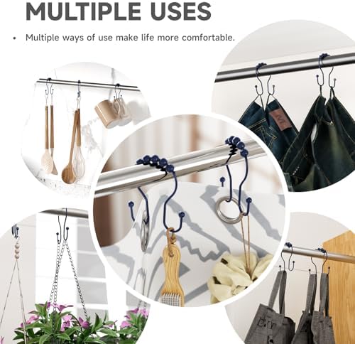 Bathway Shower Curtain Hooks, Shower Curtain Rings Rust Proof Navy Blue Double Hook Shower Curtain Hooks, 12 Pcs Shower Hooks for Shower Curtain, Shower Rings for Curtain, Metal Shower Rod Hooks