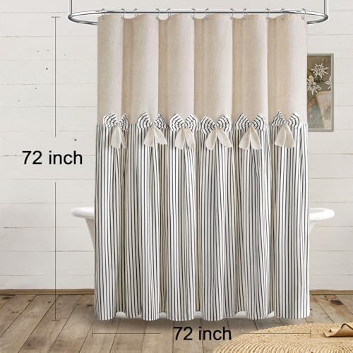 Farmhouse Shower Curtain Linen Bow Pleated Black Stripe 72"W x 72"L