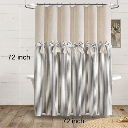 Farmhouse Shower Curtain Linen Bow Pleated Black Stripe 72"W x 72"L