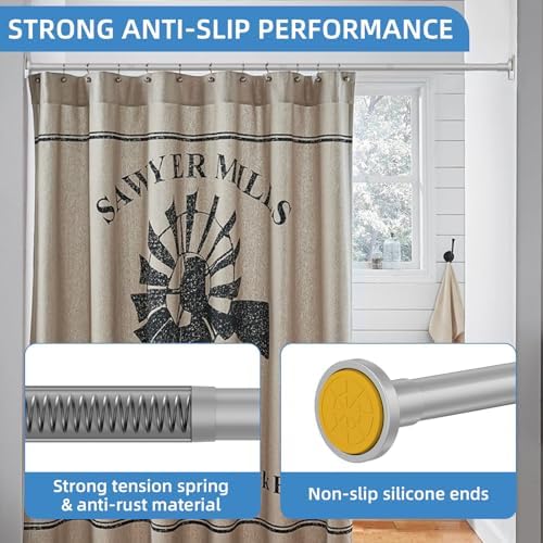 CorkLatta Matte Silver Shower Curtain Rod,1 Inch Diameter Stainless Steel Adjustable Spring Tension Rods 32 to 80",with Holders,Anti-Slip,Curtain Rods No Drilling(1 Pack)