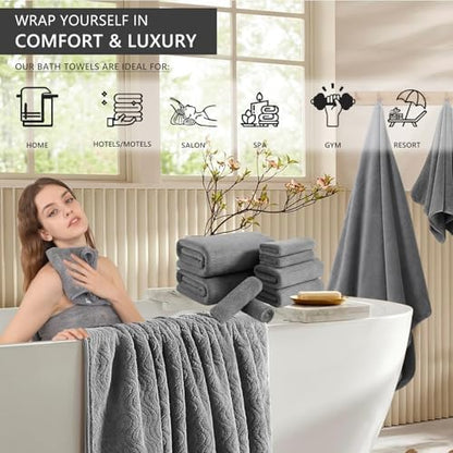 8 Piece Bath Towel Set Grey |2 Oversized Large Bath Sheet,2 Hand Towels,4 Washcloths| Ultra Soft Cozy Bath Towel Set for Bathroom Hotel Gym Spa,Highly Absorbent & Quick Dry Bathroom Towel Collections