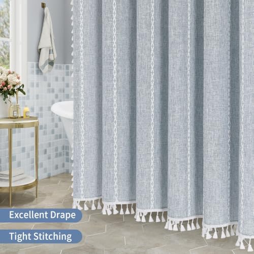 Boho Striped Tassel Linen Shower Curtain,3D Embroidery Stripe Blue,54x78