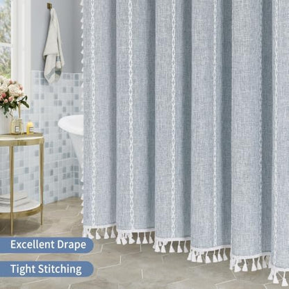 Boho Striped Tassel Linen Shower Curtain,3D Embroidery Stripe Blue,54x78