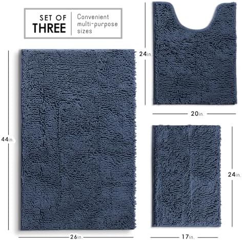Hearth & Harbor Bathroom Rugs, Chenille Bath Mat - Machine Washable Bath Mats for Bathroom Non-Slip Backing Rubber, Quick Dry Mat - Navy Blue Bath Rug, 17x24-26x44-20x24
