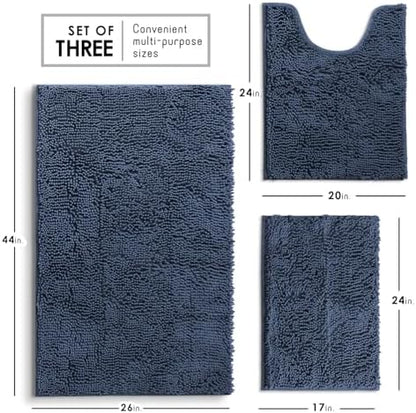 Hearth & Harbor Bathroom Rugs, Chenille Bath Mat - Machine Washable Bath Mats for Bathroom Non-Slip Backing Rubber, Quick Dry Mat - Navy Blue Bath Rug, 17x24-26x44-20x24