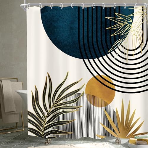 KOMLLEX Mid Century Blue Boho Abstract Modern Bathroom Shower Curtain Set