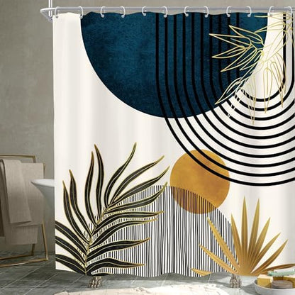 KOMLLEX Mid Century Blue Boho Abstract Modern Bathroom Shower Curtain Set