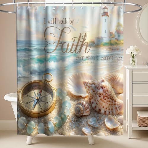 Cute Modern Beach Shower Curtain, Ocean Rustic Coastal Tropical Aesthetic Seashell Shower Curtains for Bathroom, Waterproof Bath Curtain with Hooks Machine Washable Bathtub Curtains 72x72 Inch Blue