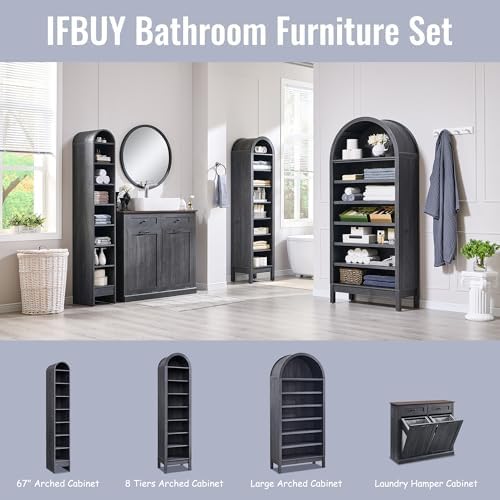 IFBUY 71" Tall Arched Bathroom Storage Cabinet, 8-Tier Modern Farmhouse Storage Cabinet with Adjustable Shelves, Wood Freestanding Cabinet for Bathroom, Living Room, Entryway, Hallway (Dark Grey)