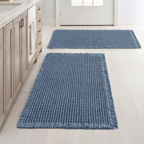 MIULEE Set of 2 Waffle Bathroom Rugs Boho Bath Mat Blue 24x36 Inch