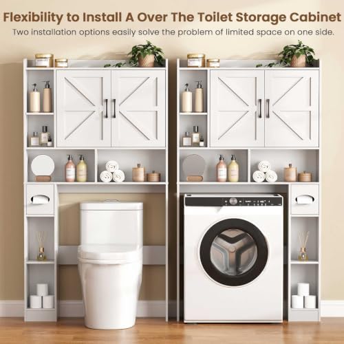 Vabches Over The Toilet Storage Cabinet with 2 Barn Doors, White