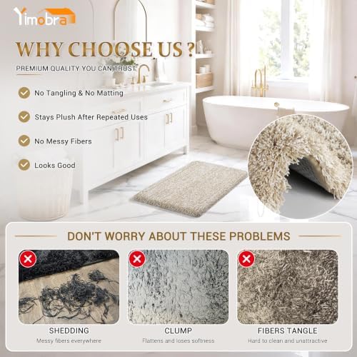 Yimobra Bathroom Rugs Non Slip Washable 36X24, Ultra Soft and Water Absorbent Bath Mats, Plush Fluffy Shower Mat Outside, Luxury Microfiber Thick Matts for Bathroom Floor/Tub, Light Beige and White