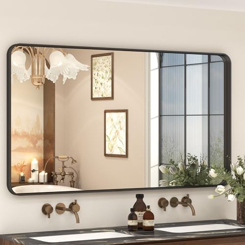 55x30 Inch Black Framed Bathroom Mirror for Wall, Large Matte Metal Framed Wall Mirror, Black Rectangle Bathroom Vanity Mirror, Anti-Rust, Shatterproof (Horizontal/Vertical)