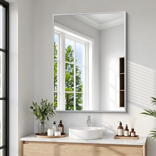 BONEWEI Silver Bathroom Mirror,24x30 inch Wall Mirror for Bathroom Wall Mounted,Rectangle Mirror for Bathroom Over Sink,Modern Metal Frame for Living Room,Bedroom Entryway,Horizontal/Vertical