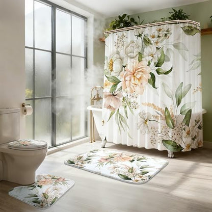 16 PCS Floral Bathroom Shower Curtain Set with Rugs 12 Metal Hooks,72 x 72"