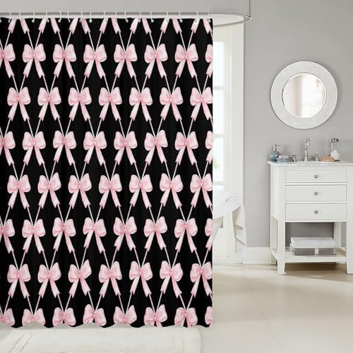 jejeloiu Cute Bow Bathroom Accessories 72"x72" Pink Black Bowknot Shower Curtain for Bathroom Decor Kawaii Girls Bath Curtain Waterproof Polyester Fabric with 12 Hooks for Stalls Bathtubs Princess