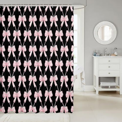 jejeloiu Cute Bow Bathroom Accessories 72"x78" Pink Black Bowknot Shower Curtain for Bathroom Decor Kawaii Girls Bath Curtain Waterproof Polyester Fabric with 12 Hooks for Stalls Bathtubs Princess