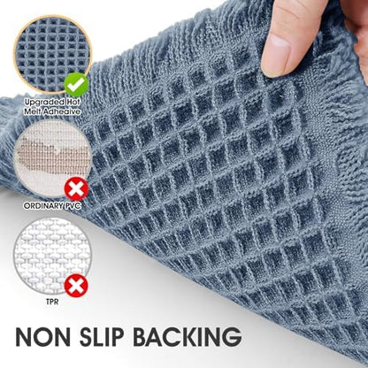 IM HOME Waffle Bath Mat Blue 32"x20", Boho Woven Modern Bath Mat Rugs, Absorbent Non Slip Bathroom Rugs, Soft Washable Bath Rugs with Tassels for Bedroom, Kitchen, Shower, Tub