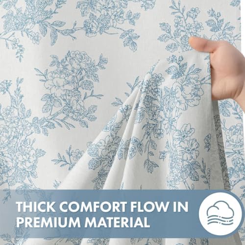 Linen Textured Fabric Blue Floral Shower Curtain W72*L72 Inches