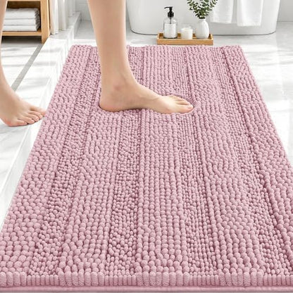 OLANLY Thick Bathroom Rugs 30x20, Chenille Striped Bath Rugs, Dusty Rose