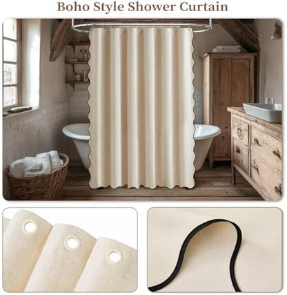 BTTN Beige Boho Scalloped Linen Textured Cloth Shower Curtain, 72x72, Cream