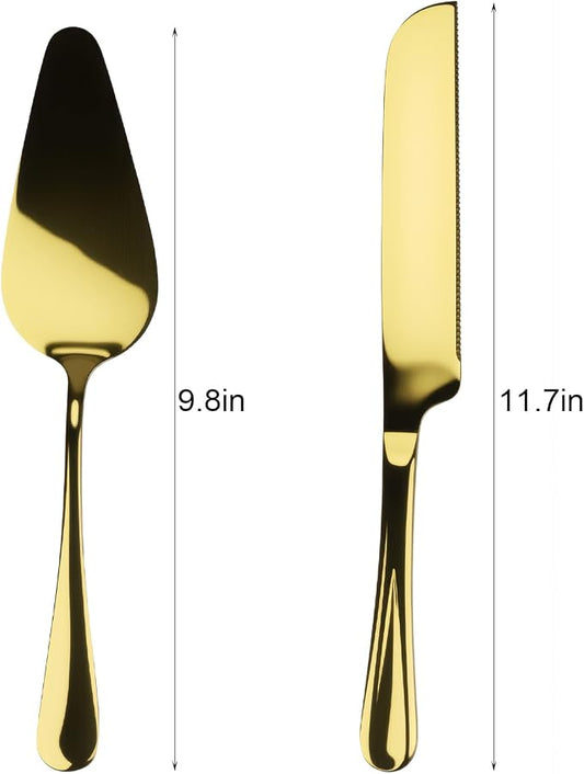 Stainless Steel Cake Knife and Server Set – 2-Piece Wedding Cake Cutting Set with Gift Box – Elegant Pie and Pizza Serving Utensils for Parties, Birthdays, Anniversaries (Gold)