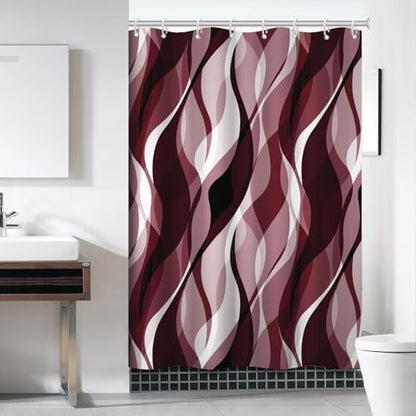 Burgundy Striped Shower Curtain with Hooks for Bathroom 60x72 Inch