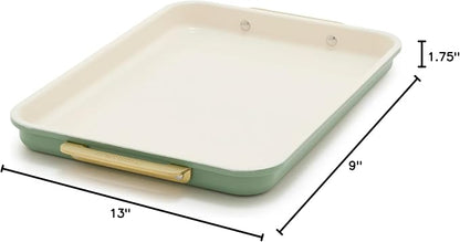GreenPan Bakeware 13" x 9" Quarter Sheet Pan, Ceramic Nonstick Baking Pan, PFAS & BPA Free, Gold Handles, Durable Steel, Versatile & Space Saving Ovenware, Freezer to Oven Dish, Sage Green