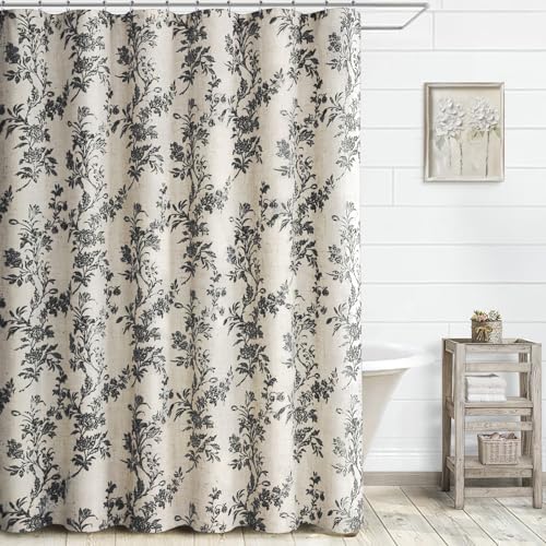 Black Floral Shower Curtain,Vintage Linen Beige Cottagecore Shower Curtains for Bathroom, 72" W x 78" L