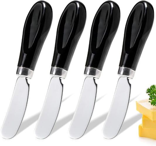 AISBUGUR 4 Pack Stainless Steel Butter Spreader Knife, Butter Knife with White Porcelain Handle, Cheese Butter Spreader Knives for Kitchen, Black