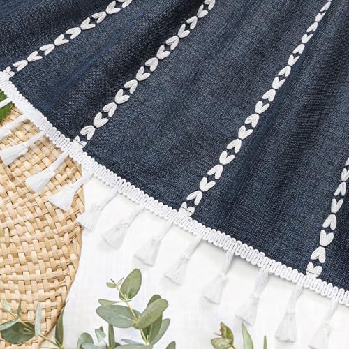 Boho Farmhouse Tassel Linen Shower Curtain,3D Embroidery Stripe Navy,36x72