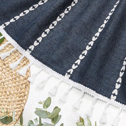 Boho Farmhouse Tassel Linen Shower Curtain,3D Embroidery Stripe Navy,36x72