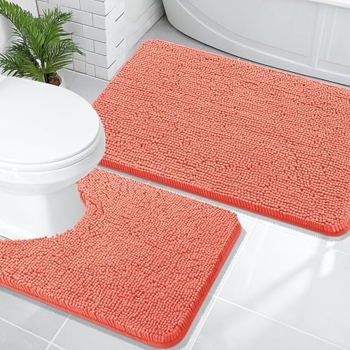 OLANLY Chenille Bathroom Rugs Mats Sets 2 Piece, 36"x24"+24"x20", Coral