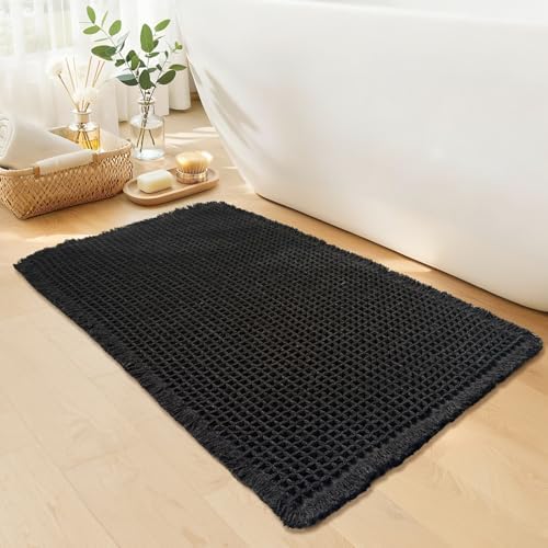 Black Bathroom Rug, Waffle Bath Mat Non Slip Washable, 18" x 30"