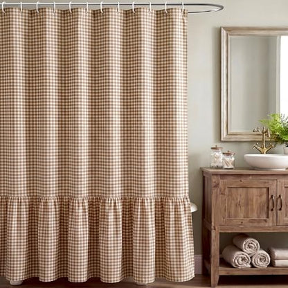 HunnmingRe Ruffle Hem Gingham Shower Curtain Taupe