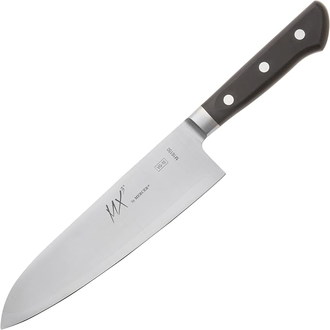 Mercer Culinary MX3 Premium San Mai VG-10 Steel Core Blade Santoku Knife, 185mm 7 Inch,Black