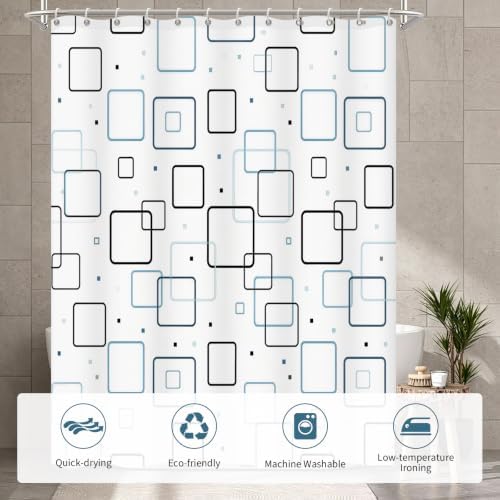 Modern Geometric Square Blue and White Shower Curtain, 36" W x 72" L