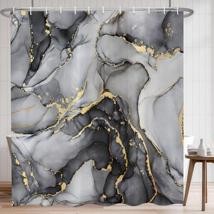 Black Marble Shower Curtain, Modern Abstract Luxury Black Gold Ink Texture Watercolor Art Bathroom Curtains Ombre Machine Washable Waterproof Fabric Bathtub Curtain Set with Hooks 60" Wx72 L