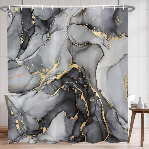 Black Marble Shower Curtain, Modern Abstract Luxury Black Gold Ink Texture Watercolor Art Bathroom Curtains Ombre Machine Washable Waterproof Fabric Bathtub Curtain Set with Hooks 48" Wx72 L