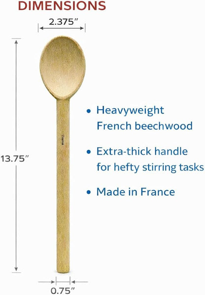 HIC Kitchen Deluxe Heavyweight French Beechwood Spoon, Made in France, 13.75 Inches, Heavy Duty Wooden Cooking Spoon For Stirring And Mixing