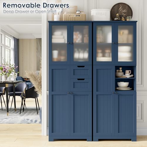 BOTLOG 67'' Tall Bathroom Storage Cabinet, Linen Cabinet with Glass Doors and Adjustable Shelves, Kitchen Pantry with 2 Drawers for Bathroom, Living Room, Dining Room, Blue
