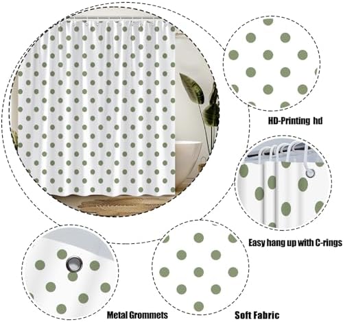 Polka Dot Shower Curtain Sage Green White Retro Spot Vintage Fabric Decorative Bathroom Curtains with Hooks,70" Wx75 H