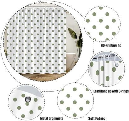 Polka Dot Shower Curtain Sage Green White Retro Spot Vintage Fabric Decorative Bathroom Curtains with Hooks,70" Wx75 H