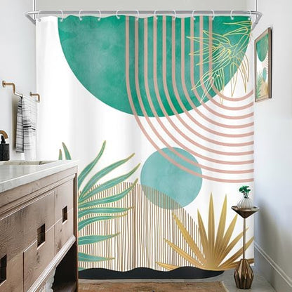 Mid Century Green Pink Boho Abstract Modern Bathroom Shower Curtain Set