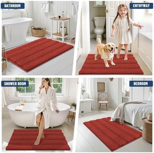 Grandaily Chenille Striped Bathroom Rugs 44x24, Extra Thick and Soft Absorbent Bath Mats, Rubber Backing, Plush Shaggy Shower Carpet, Machine Wash Dry, Bath Rug for Bathroom, Rustic Terracotta