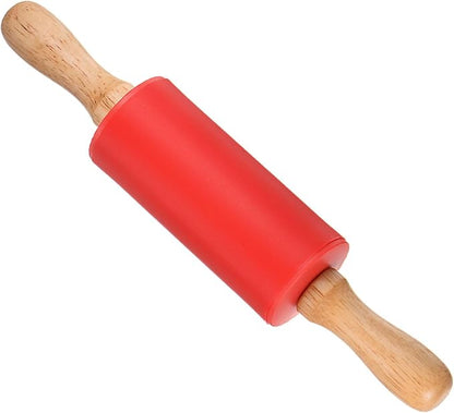 Silicone Rolling Pins, 9.25" Length, Silicone & Oak Non-Stick Ergonomic Wooden Handle Fondant Dough Roller Red - (Applications: for Baking DIY Projects)