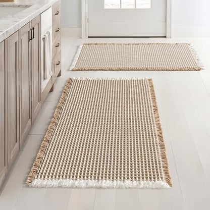 MIULEE Set of 2 Waffle Bathroom Rugs Boho Bath Mat Brown&White 20x32 Inch