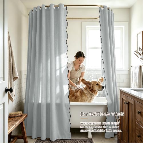 Furlinic No Hook Scalloped Shower Curtain Waterproof Linen 72x84 Dusty Blue
