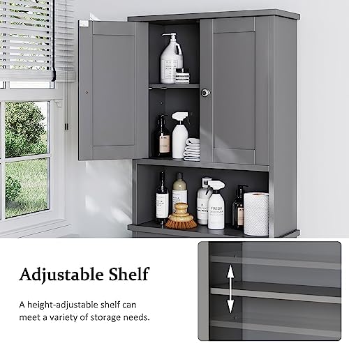 Over the Toilet Storage Cabinet, Bathroom Storage Cabinet Over Toilet with 2 Wood Doors, Freestanding Space Saver, Adjustable Shelf & Open Shelf, Grey