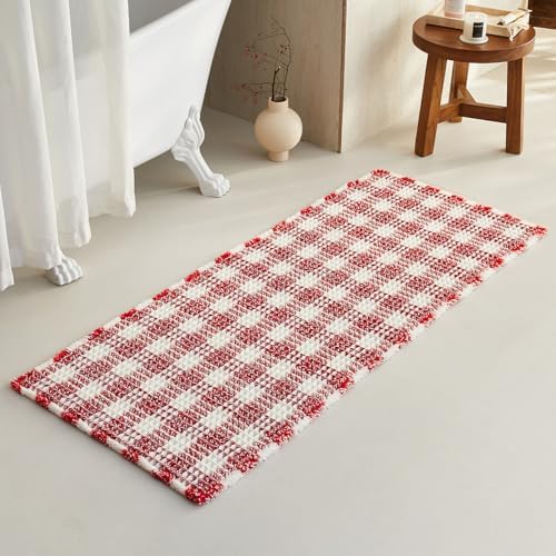 TYUU Long Christmas Bath Mat, Cute Waffle Runner Rug, 60x24 Red & White